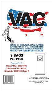 V. A. C. Hepa Riccar 2000/4000 Bags, VAC 27  (9pk)