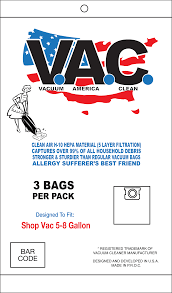 V. A. C. Hepa Shop Vac 5-8 Gallon  Bag VAC38  (3pk)